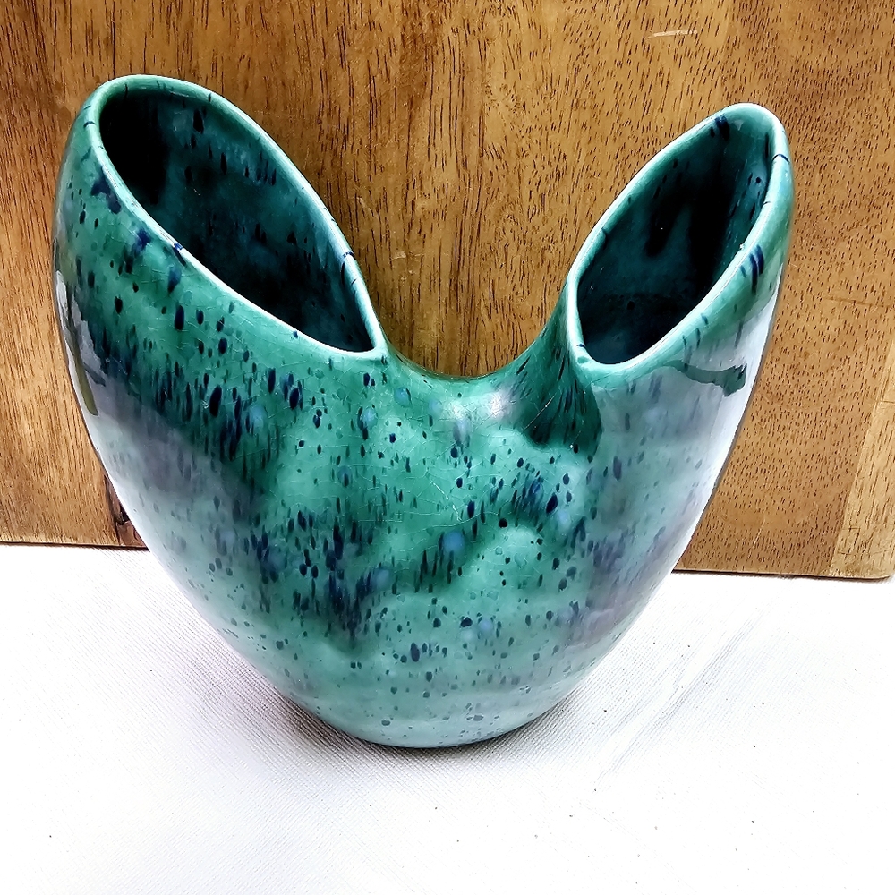 Vintage Double-Mouth Green Drip Glazed Pottery Vase, Mid-Century
